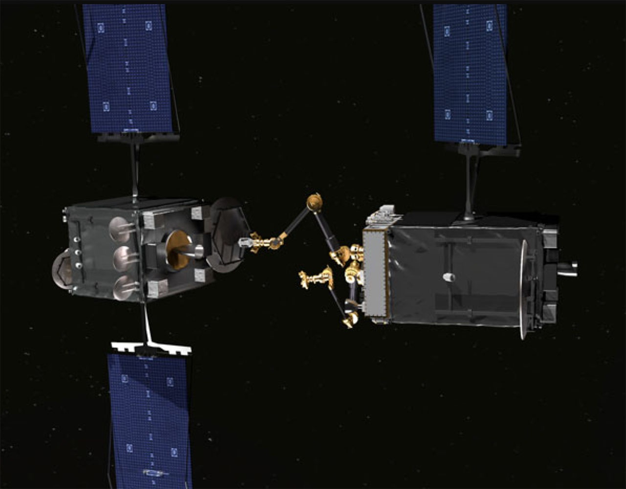 Аппарат Orbital Express разделился на две части, которые разлетелись на 400 км, а потом одна догнала вторую, состыковалась и произвела детальный осмотр камерой на «руке».