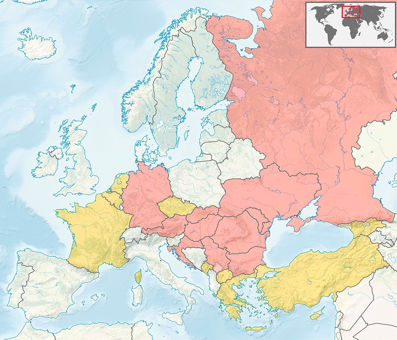 Страны Дунайской комиссии: красным обозначены члены, жёлтым - наблюдатели (в границах на 01.01.2022 г.).