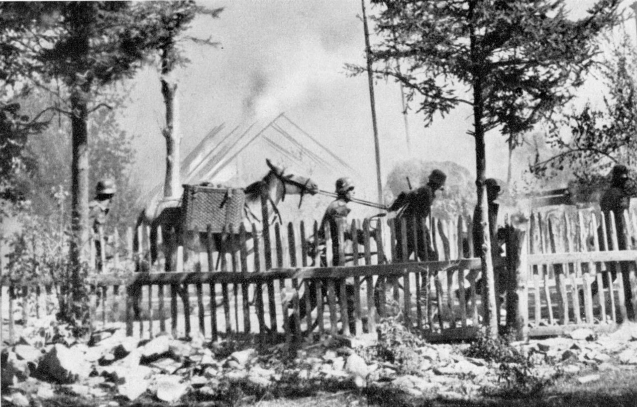 Солдаты горнострелковой дивизии «Эдельвейс» проходят возле горящего дома во время вторжения немецких войск в Польшу, сентябрь 1939 г.