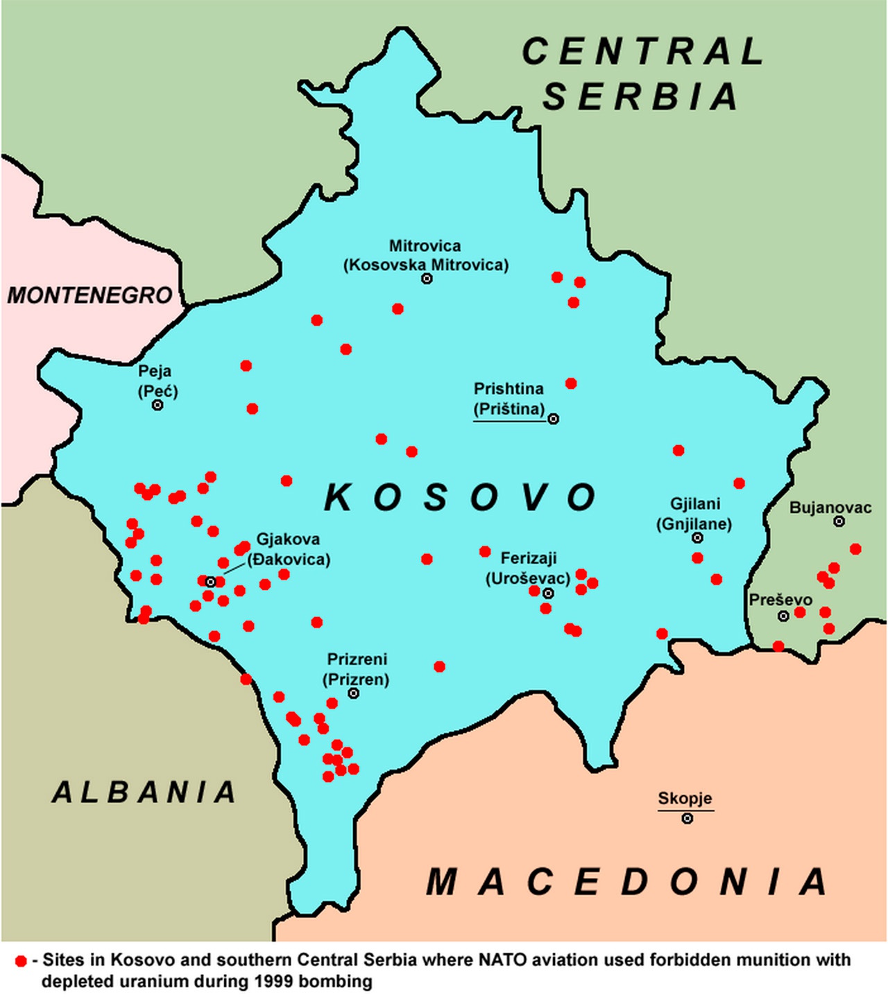 Места в Косово и на юге Центральной Сербии, где авиация НАТО использовала обеднённый уран во время войны в Югославии, 1999 г.