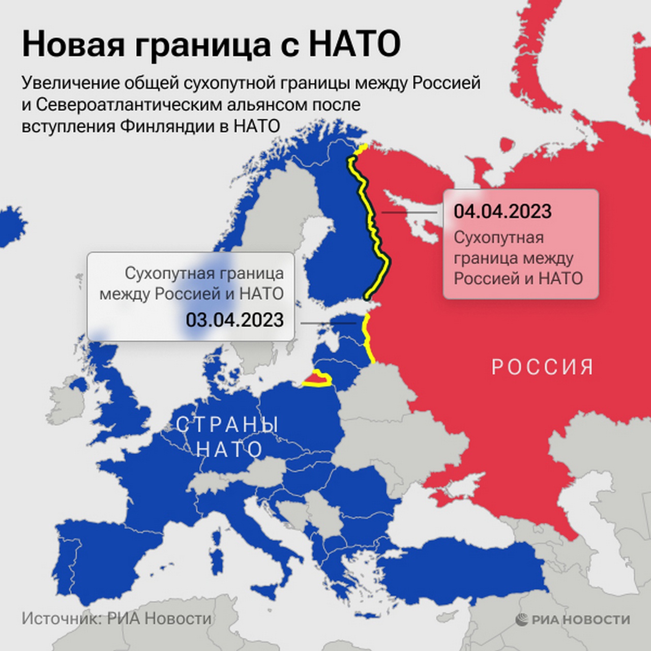 Увеличение общей сухопутной границы между Россией и Североатлантическим альянсом после вступления Финляндии в НАТО.