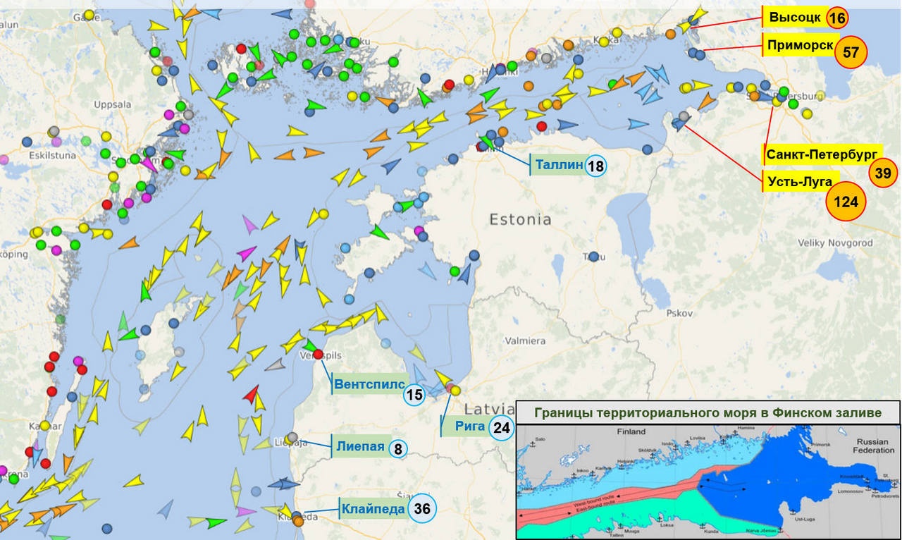 Текущая судоходная обстановка в восточной Балтике и грузооборот портов в 2022 году (млн тонн).