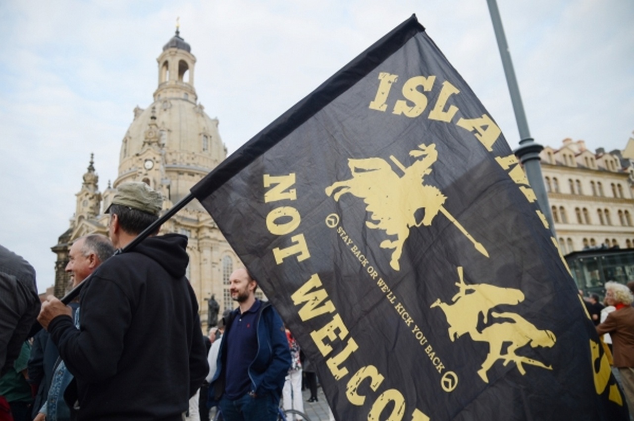 Участники акции против государственной миграционной политики, организованной партией «Альтернатива для Германии» в Дрездене.