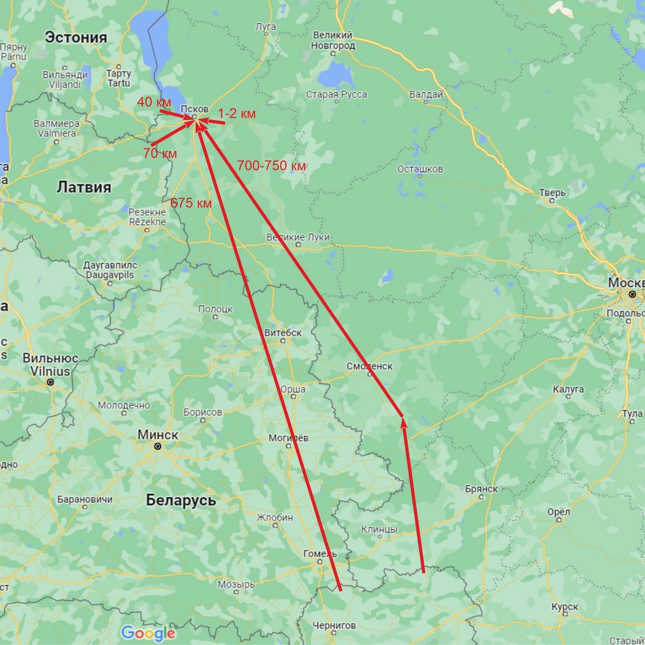 Возможные маршруты БПЛА, атаковавших аэродром в Пскове.