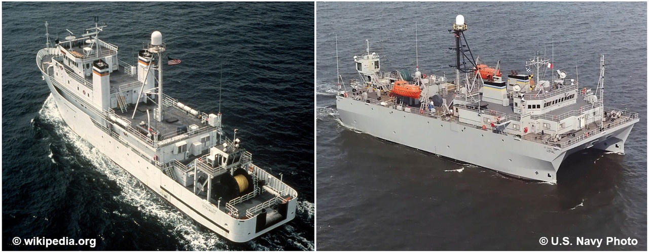 Корабли ДГАР: слева - Stalwart, 1986 г., справа - Loyal, 2001 г. На корме размещается оборудование для постановки антенны SURTASS.