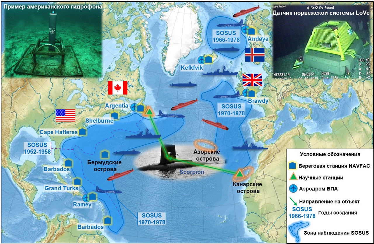 Зоны подводного наблюдения системы SOSUS на Атлантике к концу 1970-х годов.