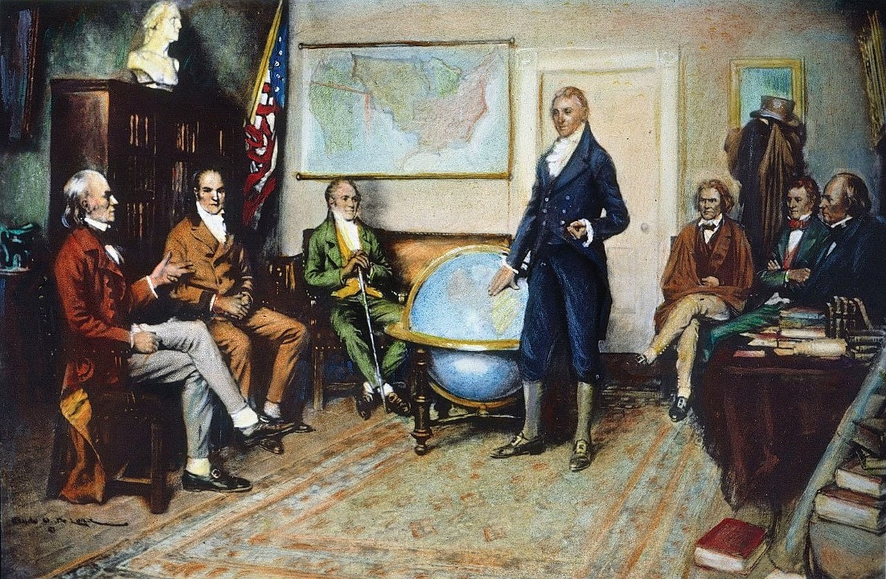 Президент США Джеймс Монро со своим кабинетом во время обсуждения доктрины.