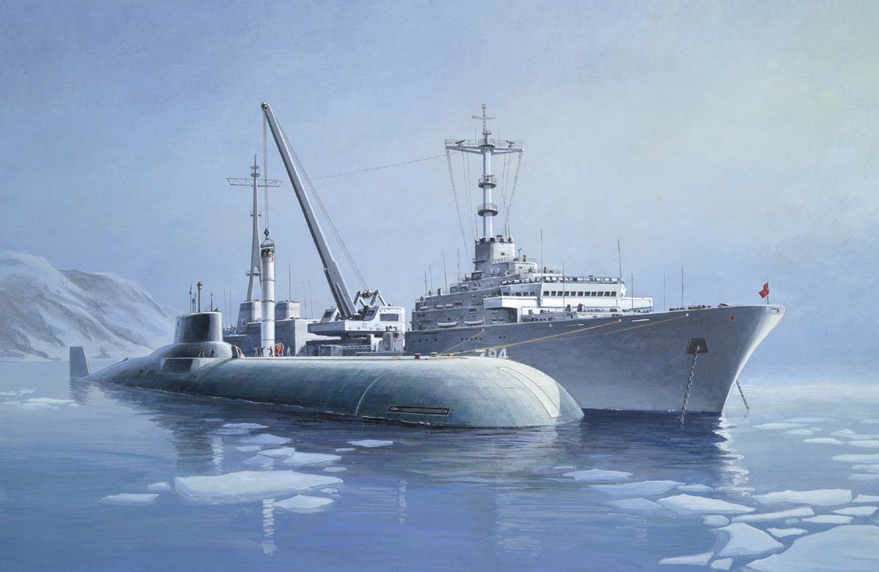Тяжёлый ракетный подводный крейсер «Акула» и морской транспорт вооружений «Александр Брыкин» (иллюстрация The Threat in the 1980's).