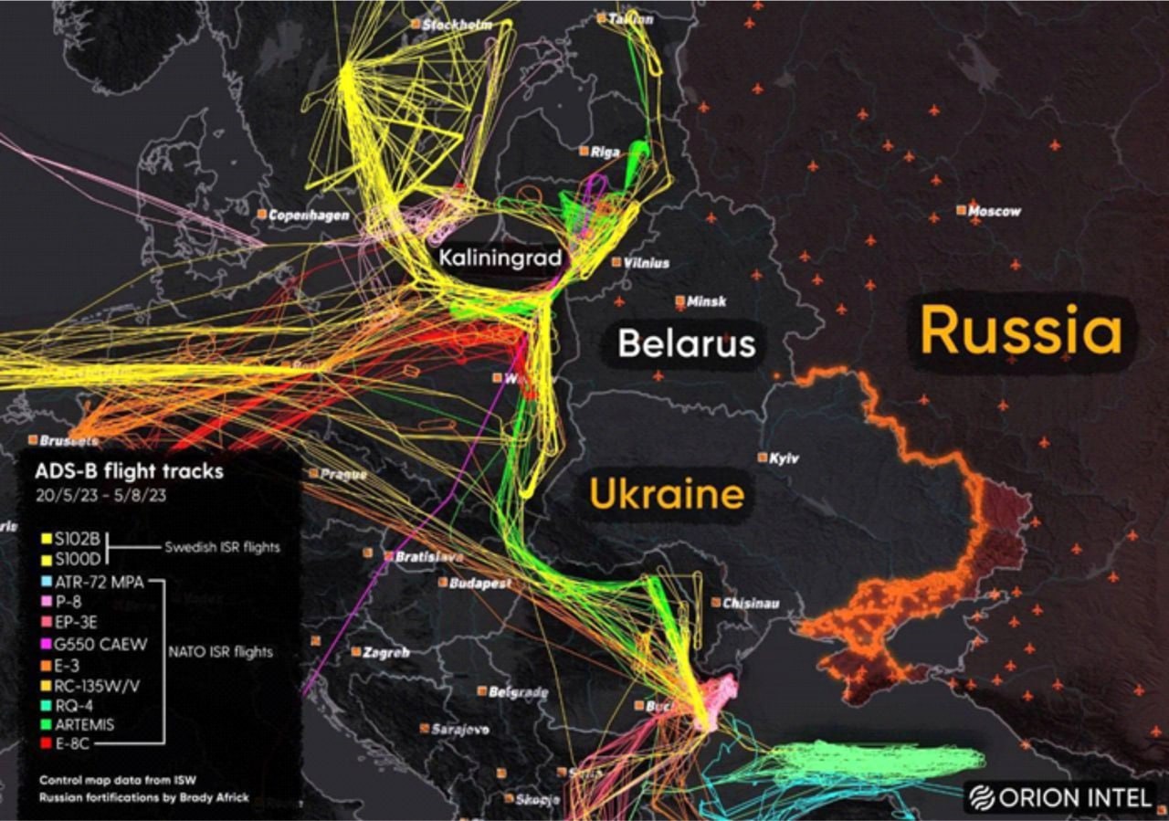 Накопительная схема полётов разведывательной авиации в регионе Украины и запада России.