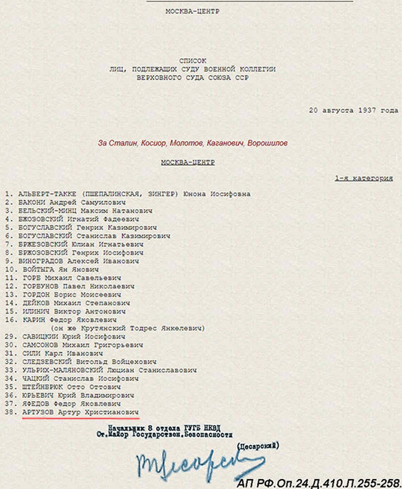 Список лиц, подлежащих суду Военной коллегии Верховного Суда Союза ССР.