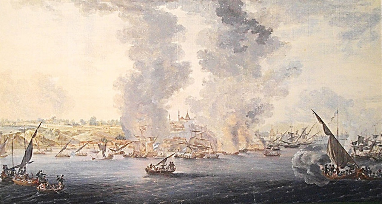 Морская баталия под Очаковым 17-18 июня 1788 г., в которой активное участие принимали корабли Днепровской флотилии (картина Жана Балтазара де ла Траверса).