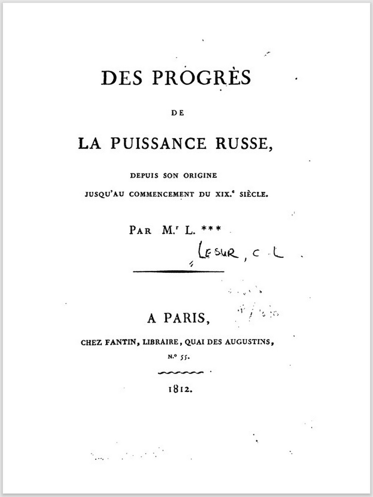 Обложка произведения Des Progress de la puissance Russe, изданного в 1812 году, которое легло в основу «Завещания Петра Великого».