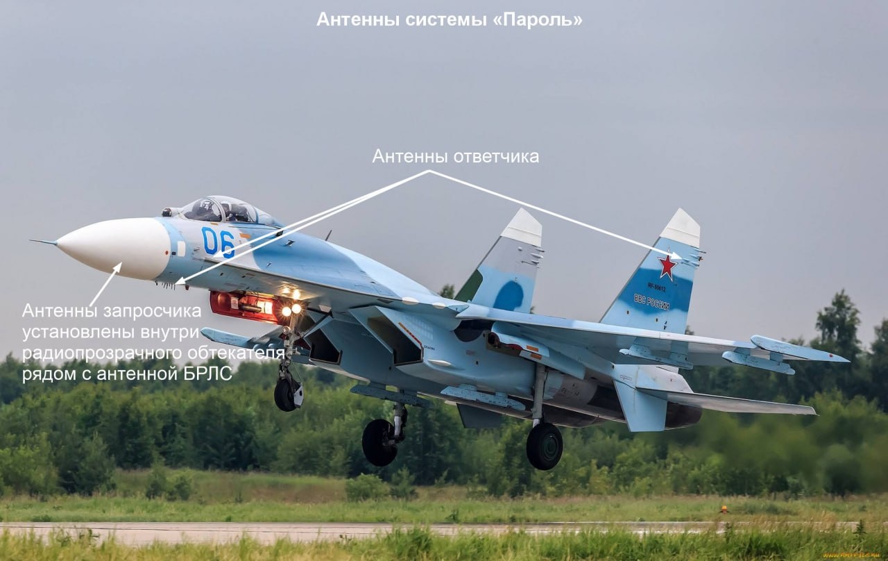Расположение антенн системы опознавания на самолёте Су-27.
