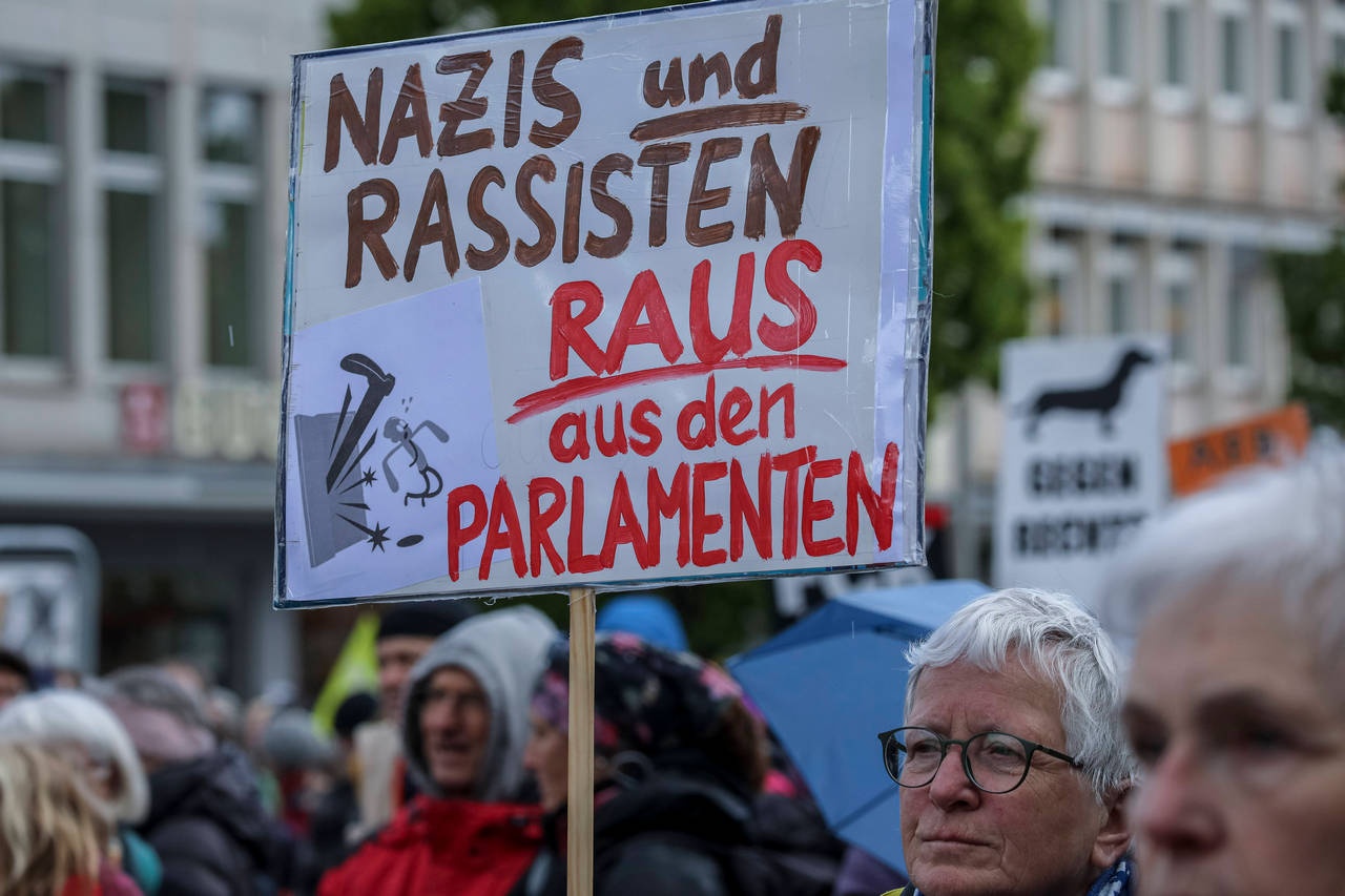 Протест против правой экстремистской партии «Альтернатива для Германии» в Нюрнберге с требованиями запрета этой партии, апрель 2024 г.