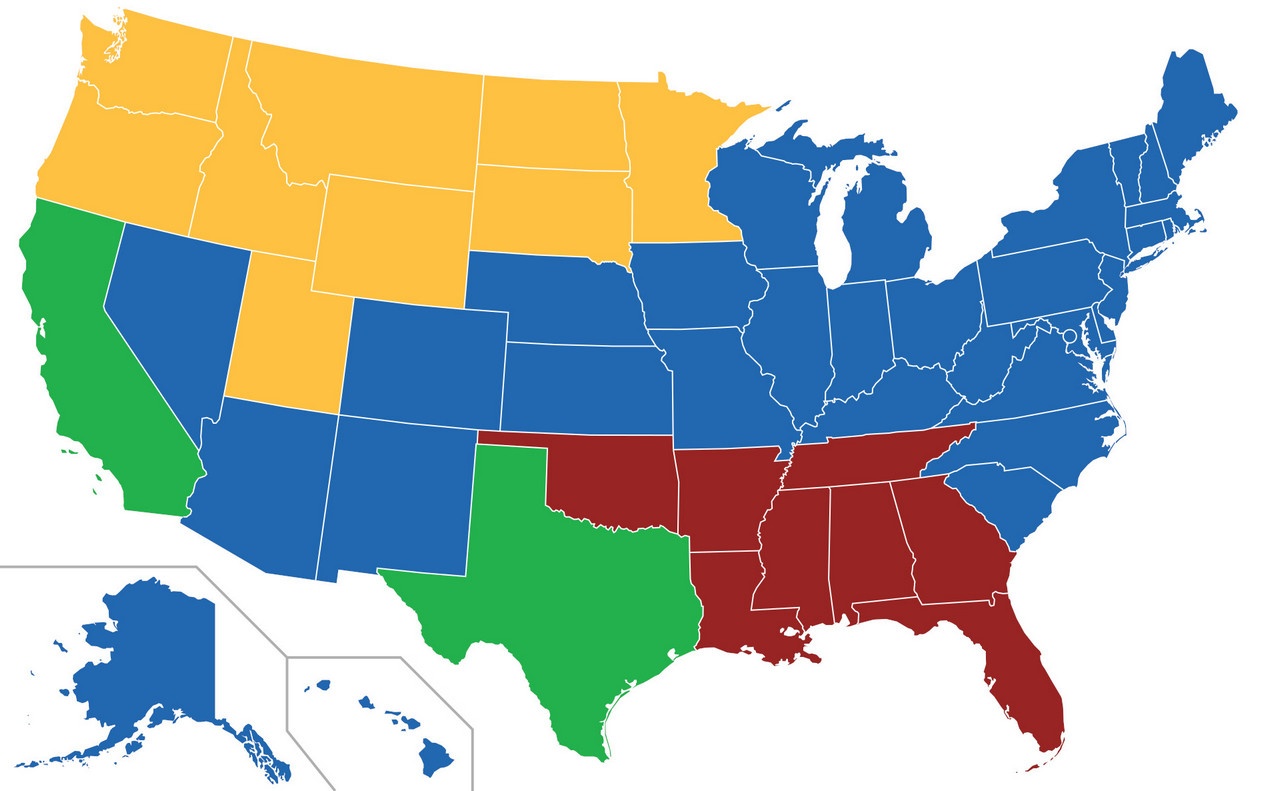 Карта, изображающая раздел США в фильме. Лоялистские штаты (США) (синий), Западные силы (зелёный), Флоридский Альянс (бордовый), Новая Народная Армия (жёлтый).