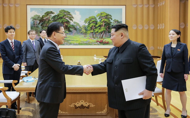 Глава КНДР Ким Чен Ын принимает делегацию Южной Кореи в 2018 году